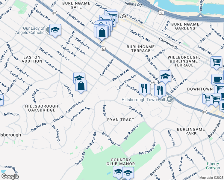 map of restaurants, bars, coffee shops, grocery stores, and more near 1735 Crockett Lane in Hillsborough