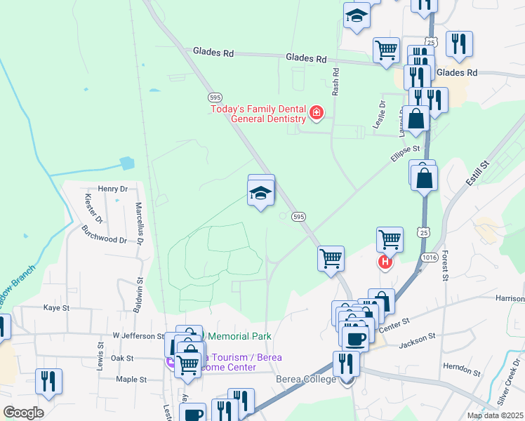 map of restaurants, bars, coffee shops, grocery stores, and more near 1 Pirate Parkway in Berea