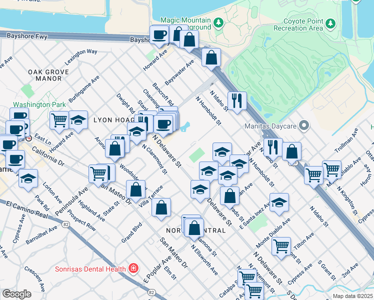 map of restaurants, bars, coffee shops, grocery stores, and more near 802 North Delaware Street in San Mateo