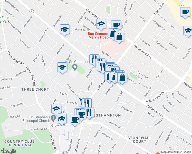 map of restaurants, bars, coffee shops, grocery stores, and more near 5811 Kensington Avenue in Richmond