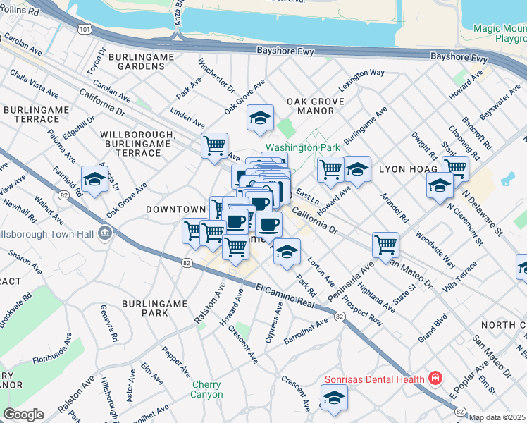 map of restaurants, bars, coffee shops, grocery stores, and more near 1118 Burlingame Avenue in Burlingame