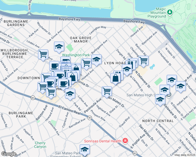map of restaurants, bars, coffee shops, grocery stores, and more near 110 Anita Road in Burlingame