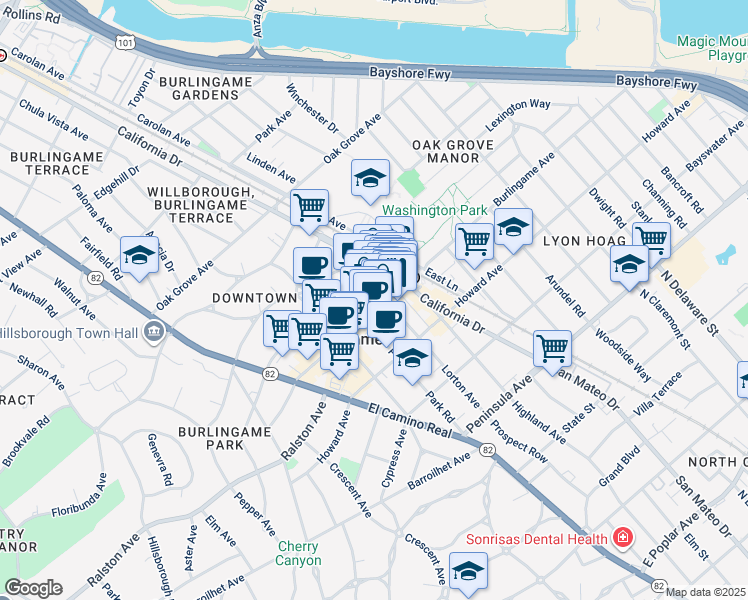 map of restaurants, bars, coffee shops, grocery stores, and more near 1118 Burlingame Avenue in Burlingame
