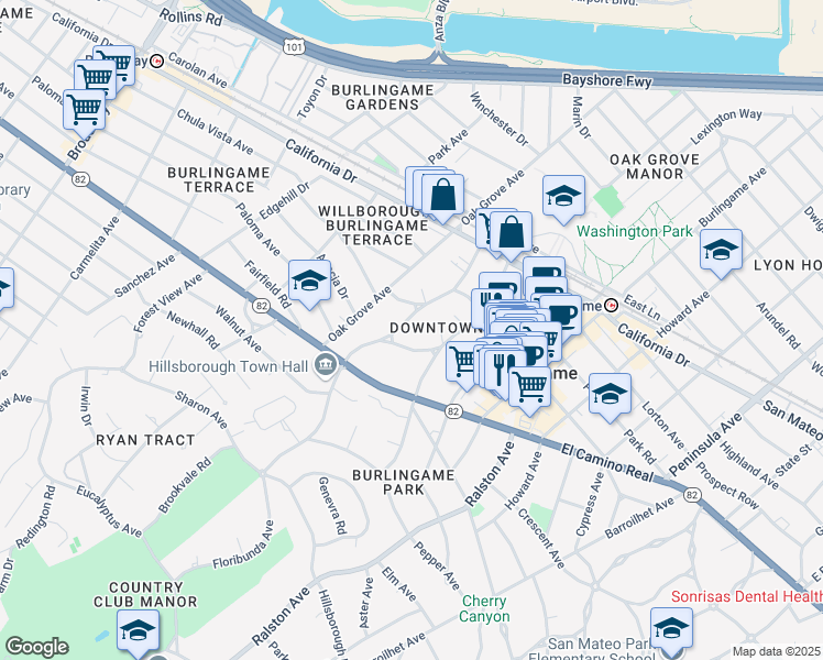 map of restaurants, bars, coffee shops, grocery stores, and more near 1440 Floribunda Avenue in Burlingame