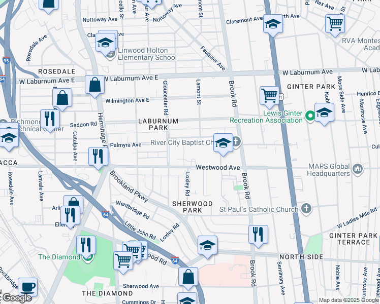 map of restaurants, bars, coffee shops, grocery stores, and more near 1350 Westwood Avenue in Richmond