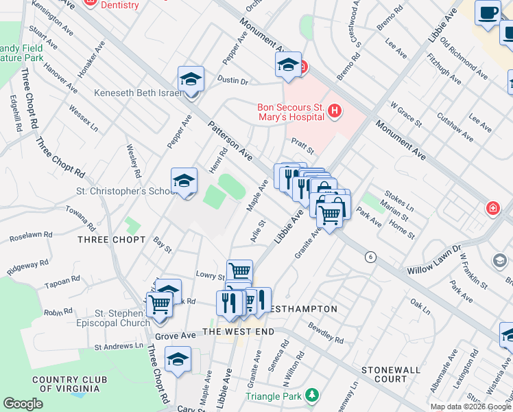 map of restaurants, bars, coffee shops, grocery stores, and more near 707 Maple Avenue in Richmond