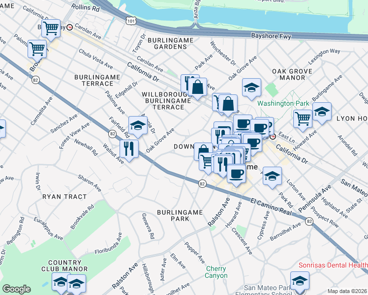 map of restaurants, bars, coffee shops, grocery stores, and more near 1439 Floribunda Avenue in Burlingame