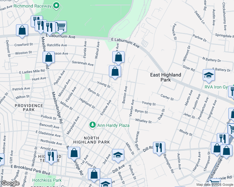 map of restaurants, bars, coffee shops, grocery stores, and more near 1018 Young Street in Richmond