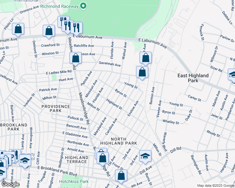 map of restaurants, bars, coffee shops, grocery stores, and more near 3517 Delaware Avenue in Richmond