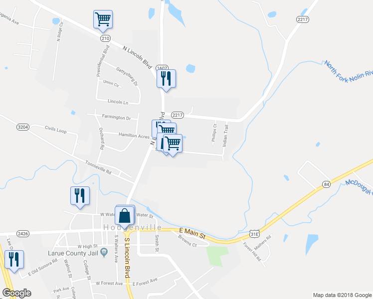 map of restaurants, bars, coffee shops, grocery stores, and more near 160 Shawnee Drive in Hodgenville