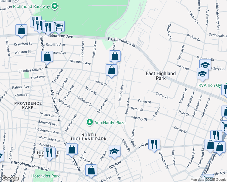 map of restaurants, bars, coffee shops, grocery stores, and more near 1018 Young Street in Richmond