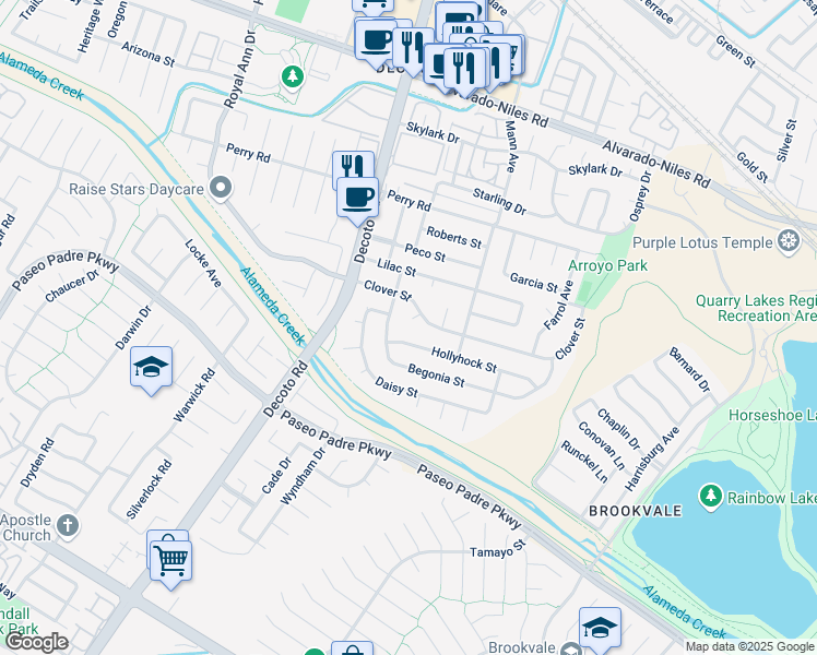 map of restaurants, bars, coffee shops, grocery stores, and more near 2906 Begonia Street in Union City