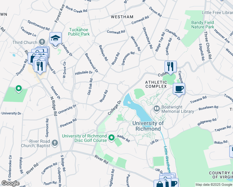 map of restaurants, bars, coffee shops, grocery stores, and more near 6705 Lakewood Drive in Richmond