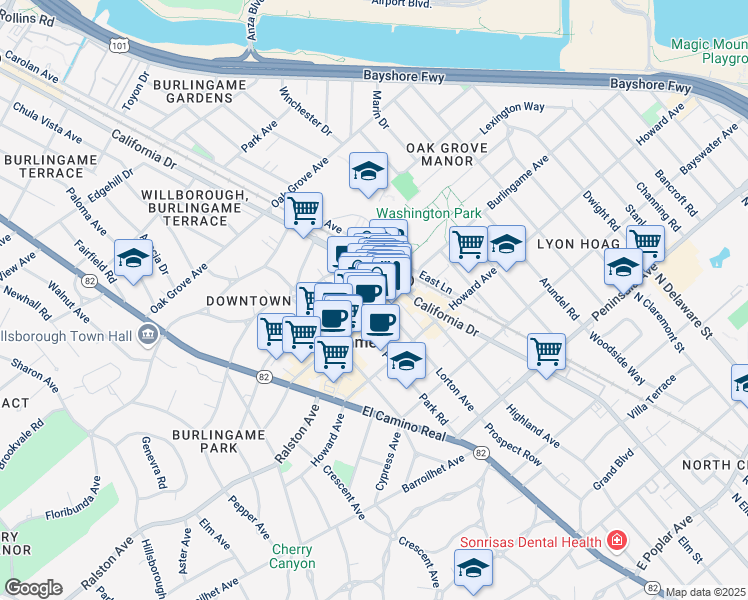 map of restaurants, bars, coffee shops, grocery stores, and more near 1118 Burlingame Avenue in Burlingame