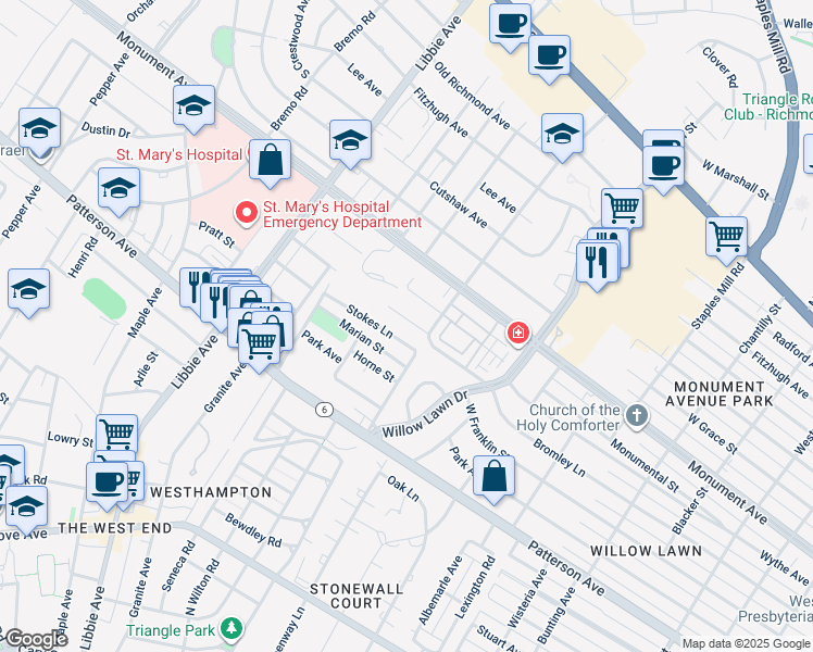 map of restaurants, bars, coffee shops, grocery stores, and more near 5307 Wythe Avenue in Richmond