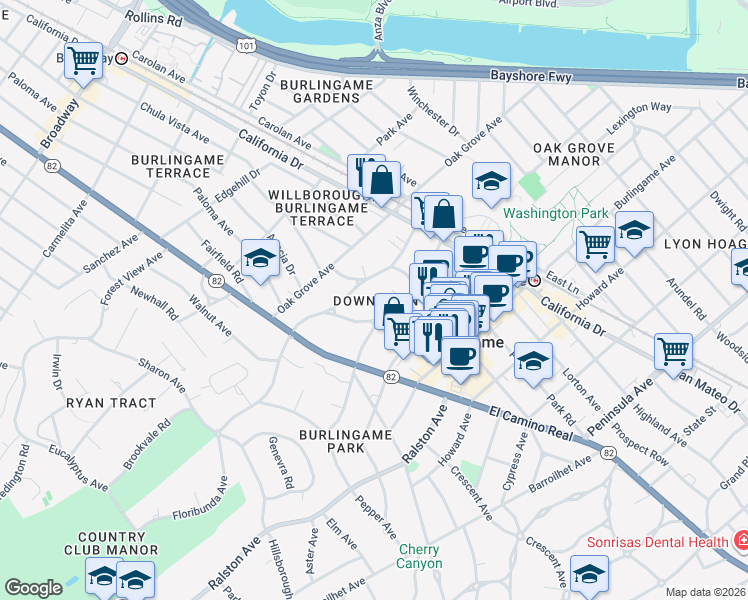 map of restaurants, bars, coffee shops, grocery stores, and more near in Burlingame