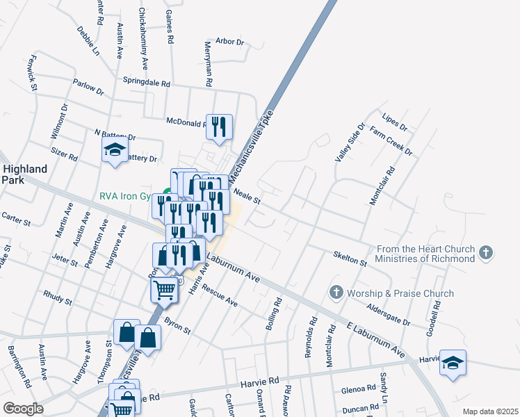 map of restaurants, bars, coffee shops, grocery stores, and more near 3900 Orchard Glen Drive in Richmond