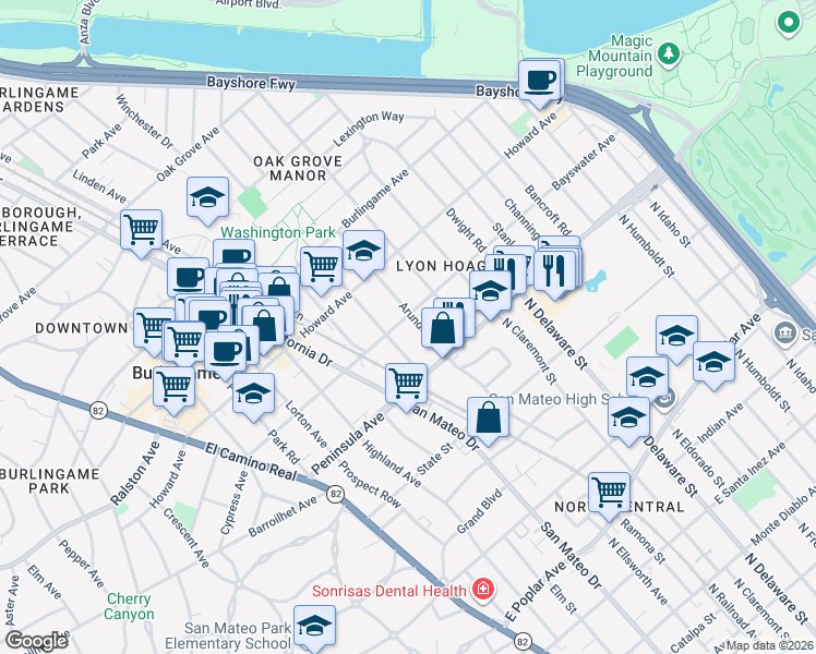 map of restaurants, bars, coffee shops, grocery stores, and more near 809 Bayswater Avenue in Burlingame