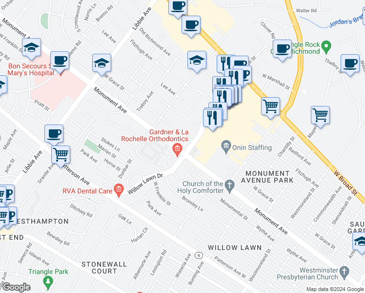 map of restaurants, bars, coffee shops, grocery stores, and more near 5202 Monument Avenue in Richmond