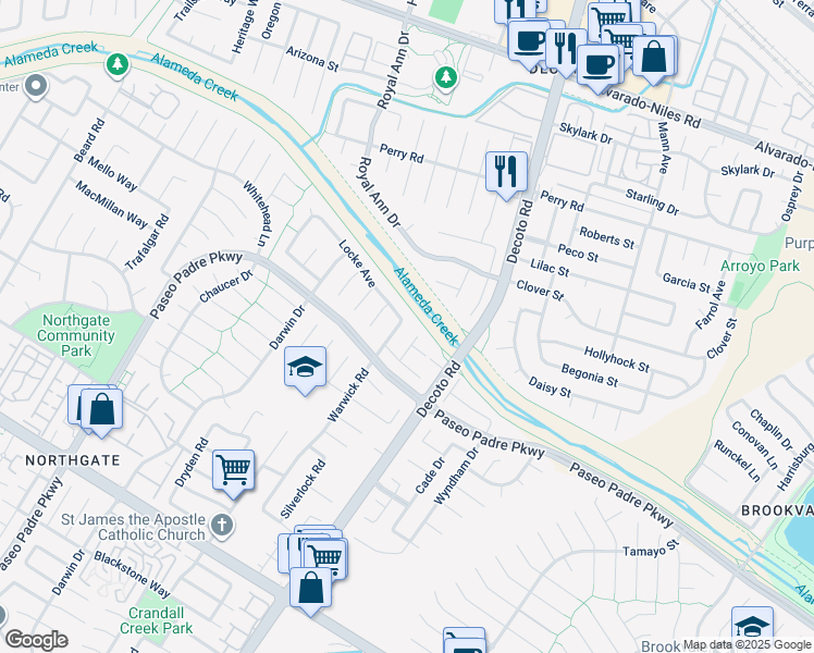 map of restaurants, bars, coffee shops, grocery stores, and more near 3134 Warwick Road in Fremont