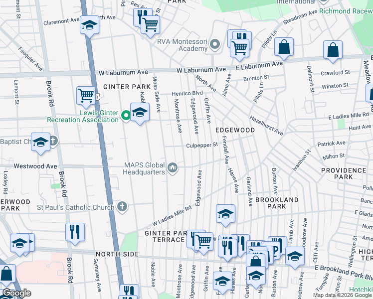 map of restaurants, bars, coffee shops, grocery stores, and more near 3415 Montrose Avenue in Richmond