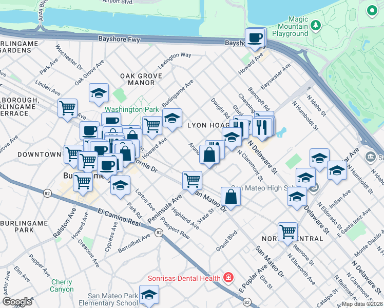 map of restaurants, bars, coffee shops, grocery stores, and more near 809 Bayswater Avenue in Burlingame