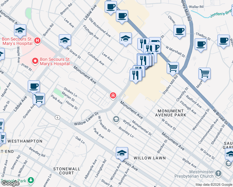 map of restaurants, bars, coffee shops, grocery stores, and more near 5202 Monument Avenue in Richmond