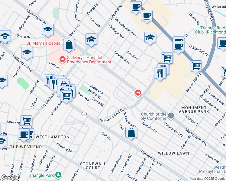 map of restaurants, bars, coffee shops, grocery stores, and more near 5300 Wythe Avenue in Richmond