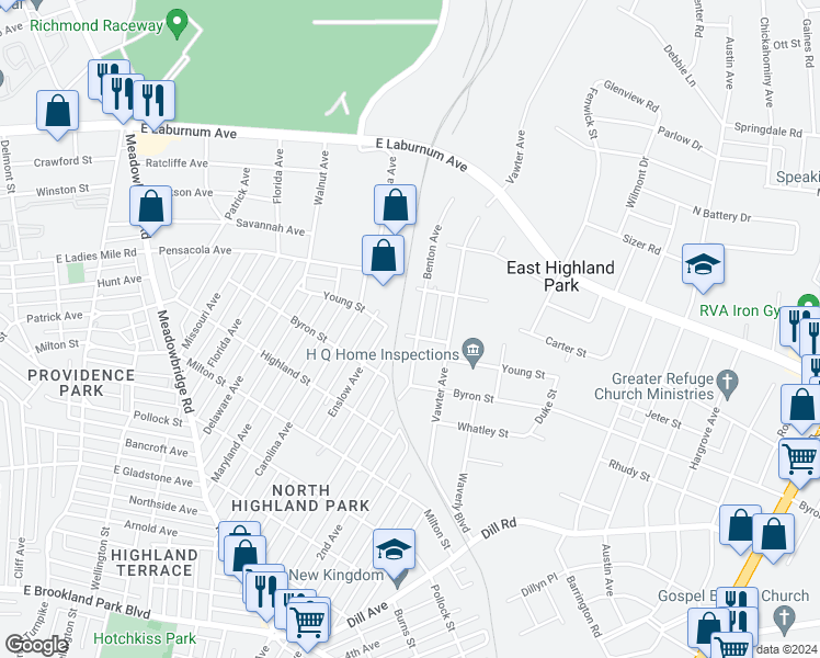 map of restaurants, bars, coffee shops, grocery stores, and more near 3702 Benton Avenue in Richmond