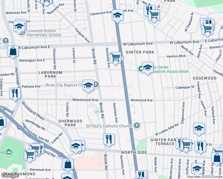 map of restaurants, bars, coffee shops, grocery stores, and more near 1101 Melrose Avenue in Richmond