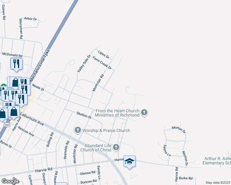 map of restaurants, bars, coffee shops, grocery stores, and more near 3945 River Bluffs Place in Richmond