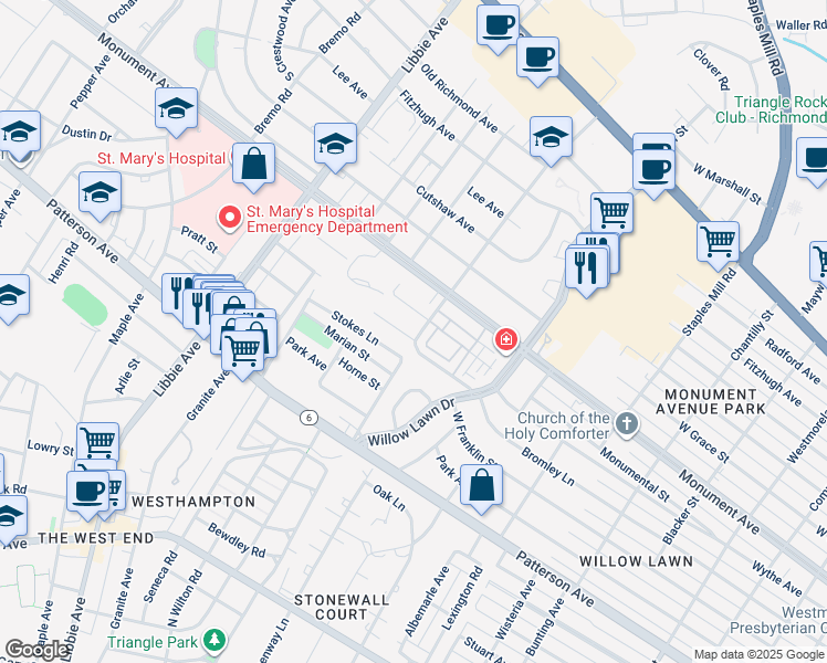 map of restaurants, bars, coffee shops, grocery stores, and more near 5300 Wythe Avenue in Richmond