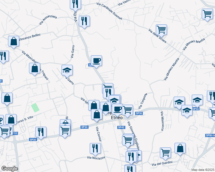map of restaurants, bars, coffee shops, grocery stores, and more near 390 Via Etnea in Tremestieri Etneo