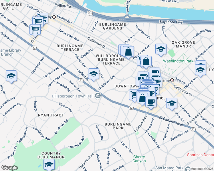 map of restaurants, bars, coffee shops, grocery stores, and more near 1449 Oak Grove Avenue in Burlingame