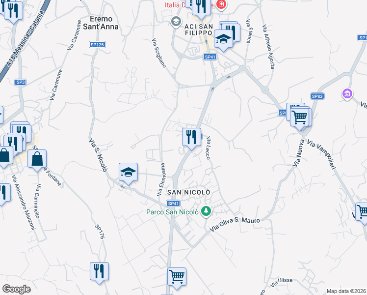 map of restaurants, bars, coffee shops, grocery stores, and more near 16 Via Dafni in Aci Catena