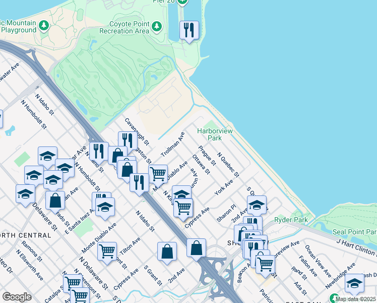 map of restaurants, bars, coffee shops, grocery stores, and more near 2 Grand Boulevard in San Mateo