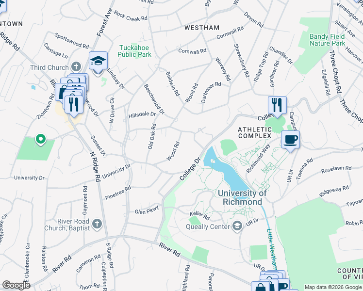 map of restaurants, bars, coffee shops, grocery stores, and more near 214 Wood Road in Richmond