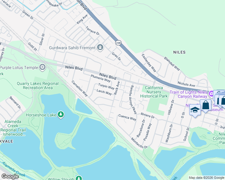 map of restaurants, bars, coffee shops, grocery stores, and more near 36159 Turpin Way in Fremont