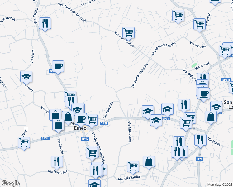 map of restaurants, bars, coffee shops, grocery stores, and more near 74 Via Monaci Mantia in Città metropolitana di Catania