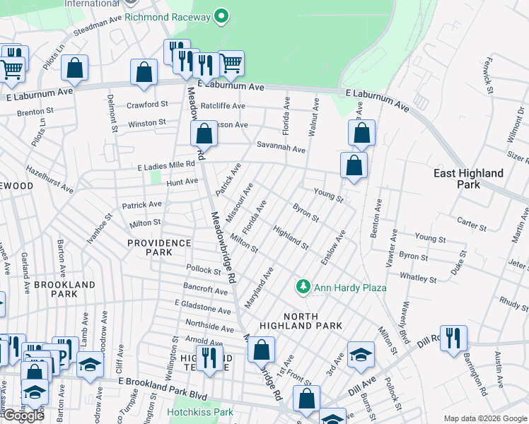 map of restaurants, bars, coffee shops, grocery stores, and more near 3505 Florida Avenue in Richmond