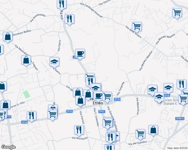 map of restaurants, bars, coffee shops, grocery stores, and more near 390 Via Etnea in Tremestieri Etneo