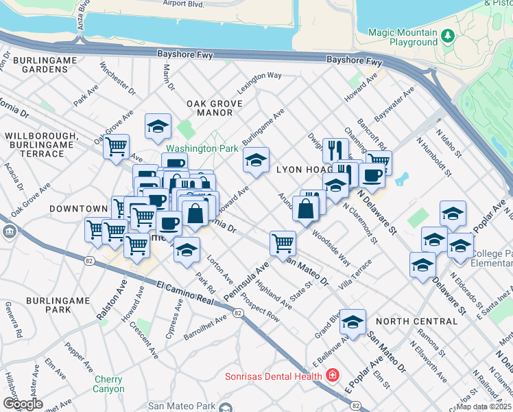 map of restaurants, bars, coffee shops, grocery stores, and more near 110 Anita Road in Burlingame