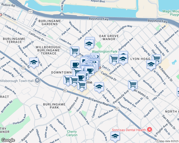 map of restaurants, bars, coffee shops, grocery stores, and more near 1210 Donnelly Avenue in Burlingame