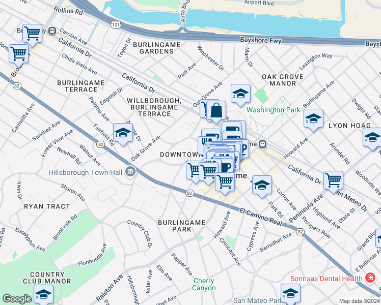 map of restaurants, bars, coffee shops, grocery stores, and more near in Burlingame