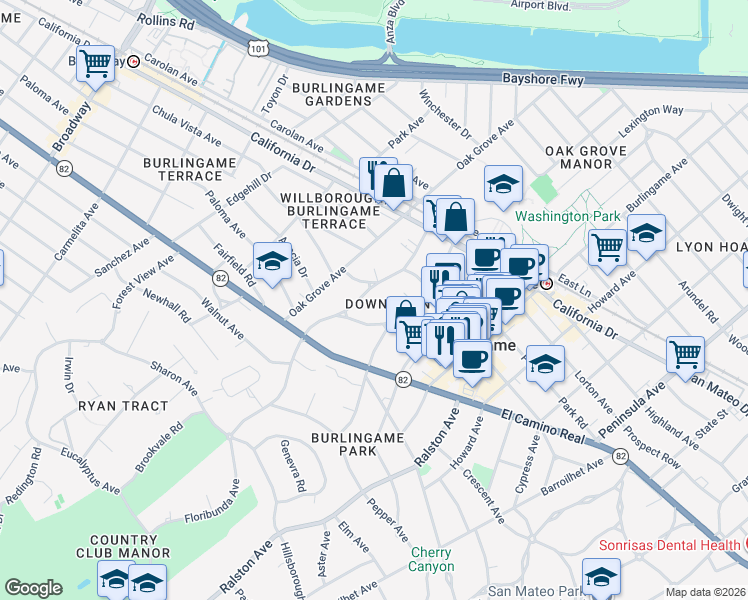map of restaurants, bars, coffee shops, grocery stores, and more near in Burlingame