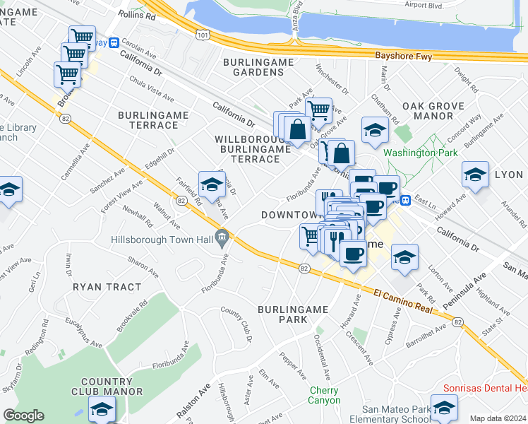 map of restaurants, bars, coffee shops, grocery stores, and more near 1440 Floribunda Avenue in Burlingame