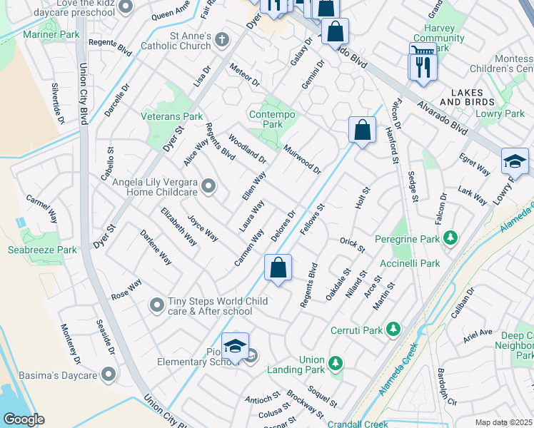 map of restaurants, bars, coffee shops, grocery stores, and more near 4551 Carmen Way in Union City