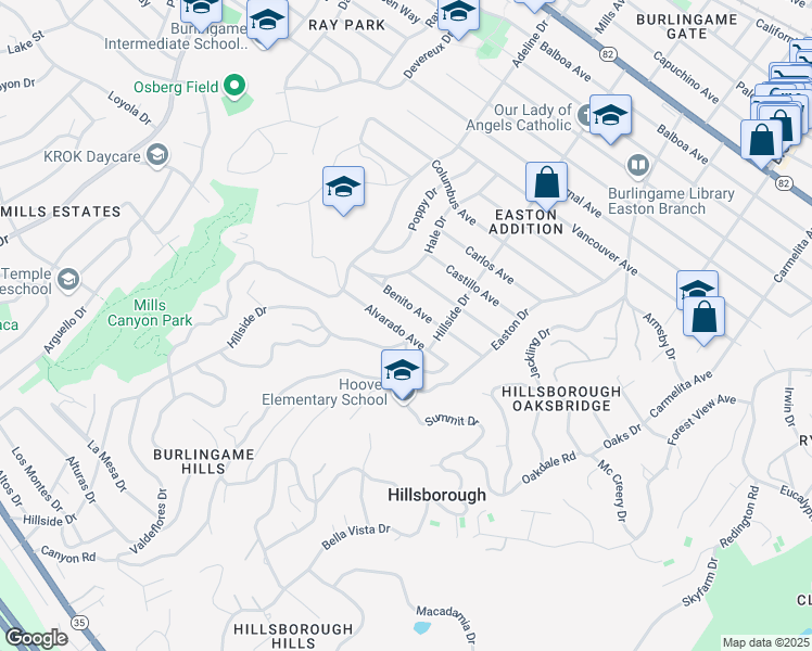 map of restaurants, bars, coffee shops, grocery stores, and more near 1416 Alvarado Avenue in Burlingame