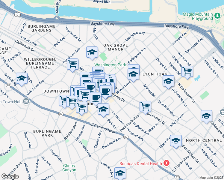 map of restaurants, bars, coffee shops, grocery stores, and more near in Burlingame