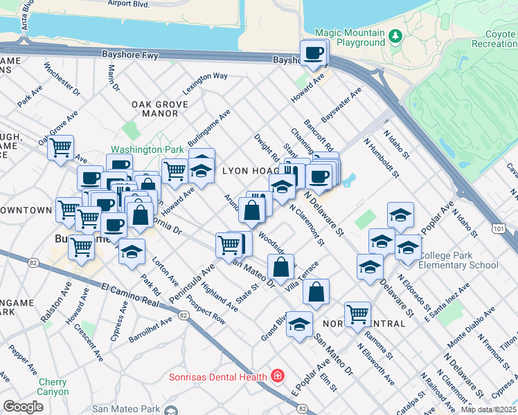 map of restaurants, bars, coffee shops, grocery stores, and more near 15 Bloomfield Road in Burlingame